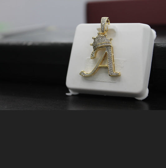 Real 10k Gold Genuine Diamond Crown 3D Initial letter Alphabet A Pendant- Hip hop pendant minimalist king Crown