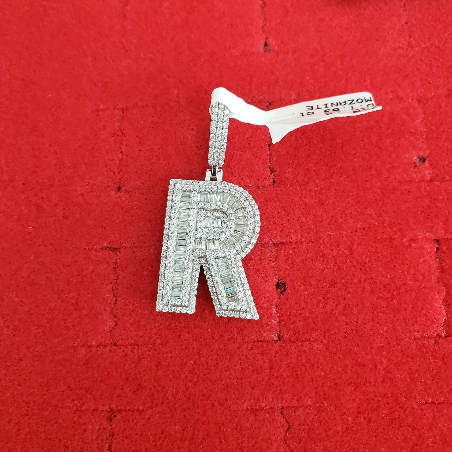 Sterling Silver Baguette Moissanite Diamond Letter Initial Pendant/ Hip Hop Moissanite Diamond Letter Pendant/ Moissanite “R Initial Pendant