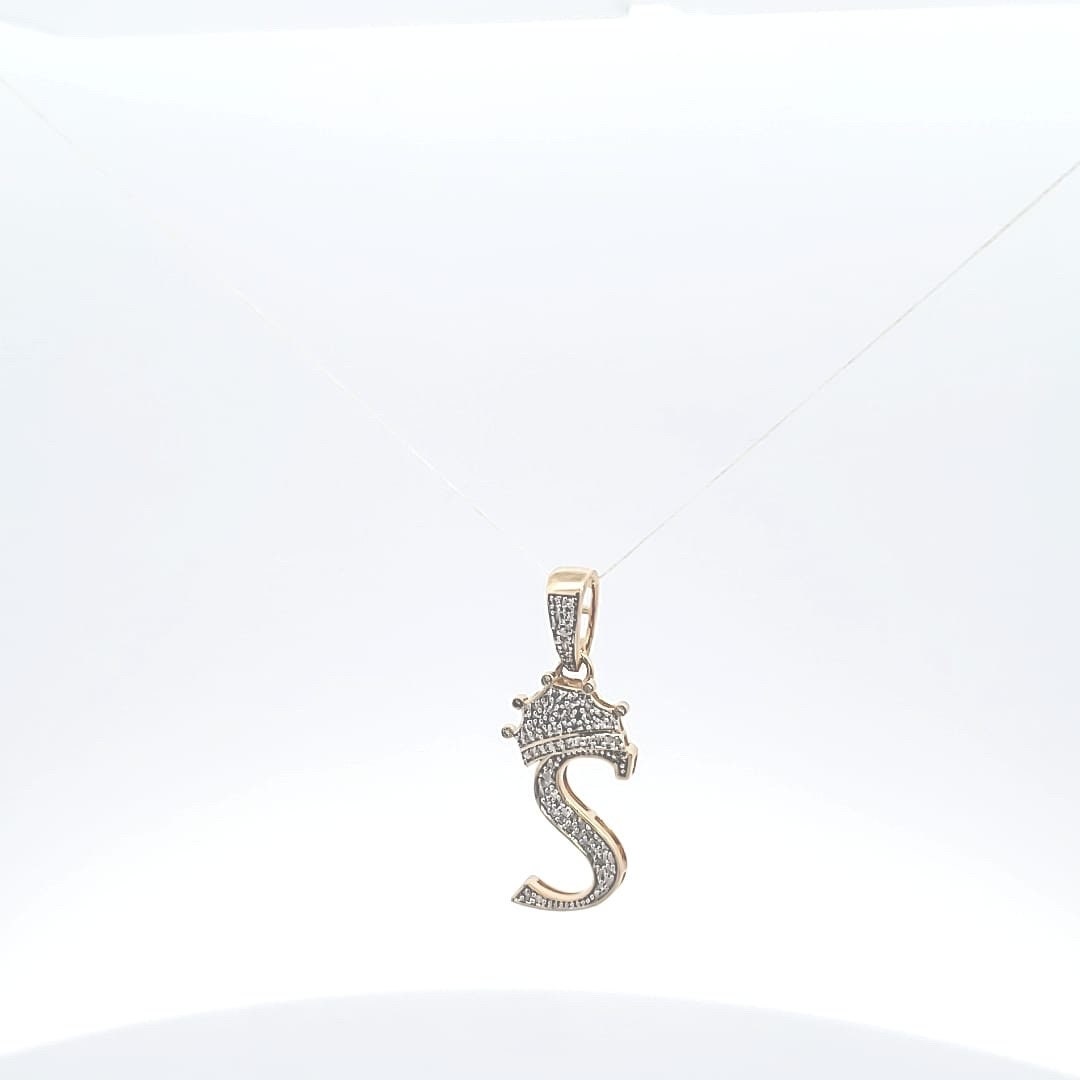 Real 10k Gold Genuine Diamond Crown 3D Initial letter Alphabet S Pendant - Minimalist