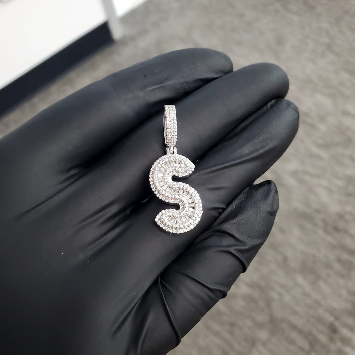 Sterling Silver Baguette Moissanite Diamond Letter Initial Pendant/ Hip Hop Moissanite Diamond Letter Pendant/ Moissanite “S Initial Pendant