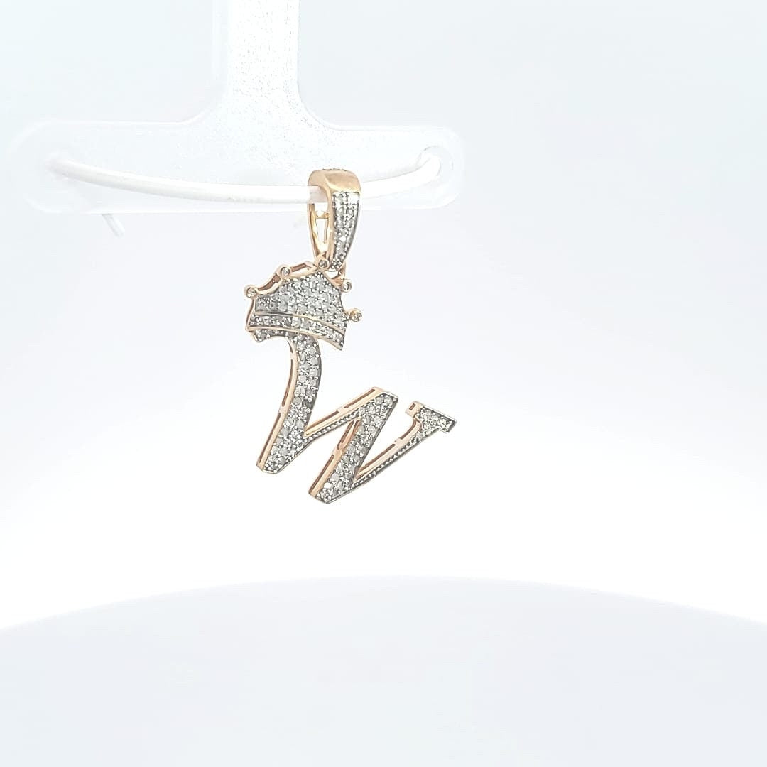 Natural gold and diamond initial pendant “W” Alphabet Pendant, Yellow Gold , Rose Gold ,King Crown Diamond Pendant,Hip Hop style 3D CROWN