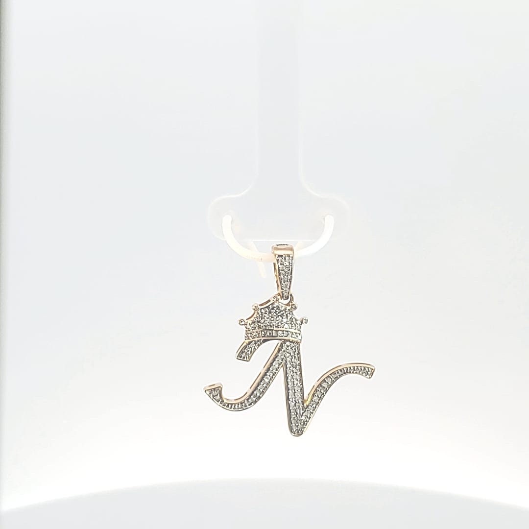 10K Gold With Natural Diamonds Initial N Alphabet Pendant.