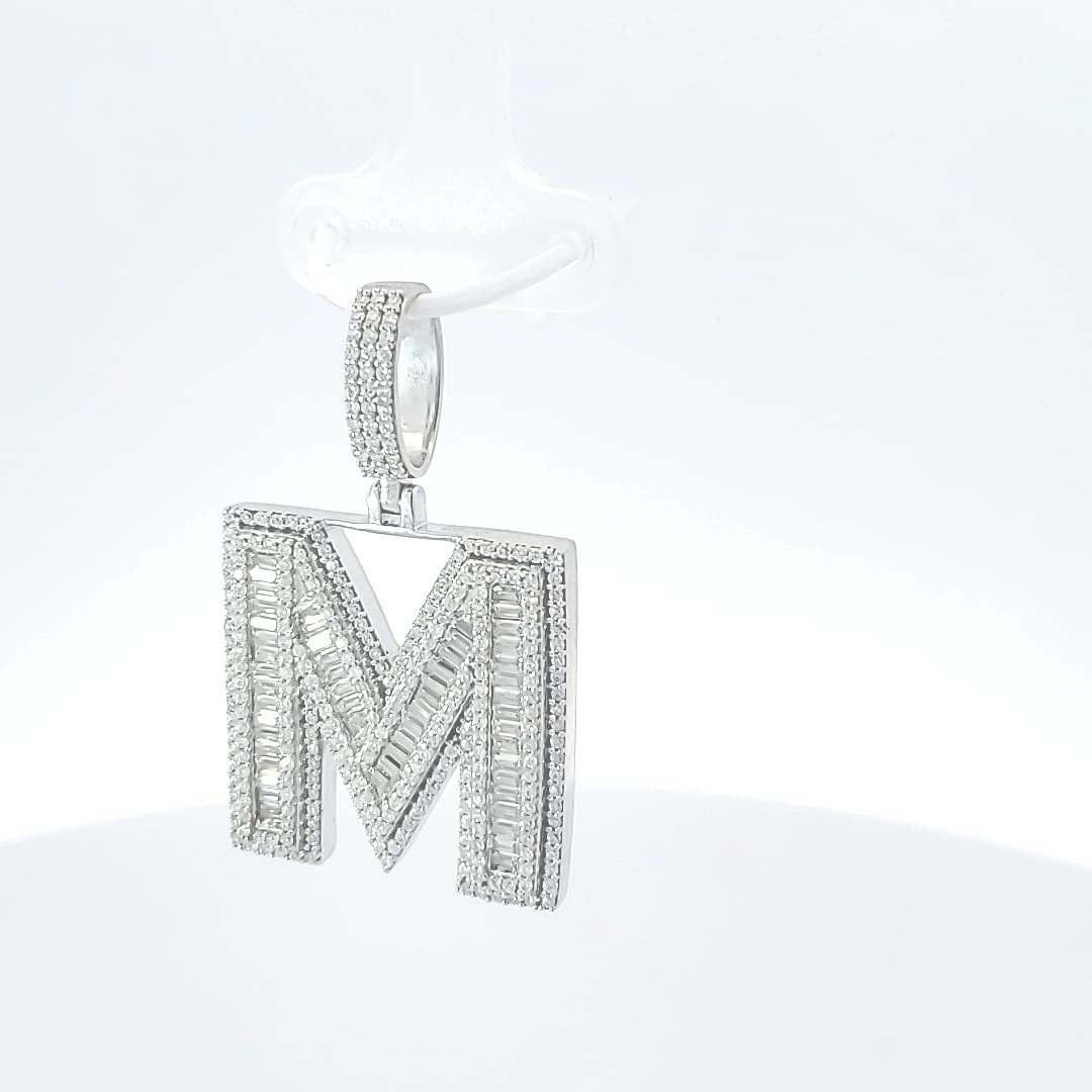 Sterling Silver Baguette Moissanite Diamond Letter Initial Pendant/ Hip Hop Moissanite Diamond Letter Pendant/ Moissanite “M Initial Pendant