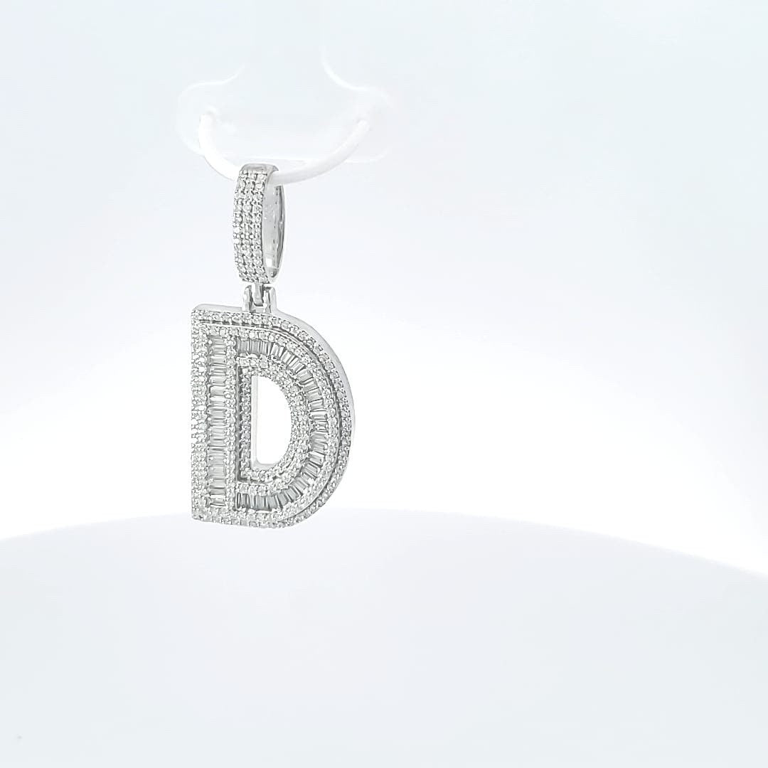 Sterling Silver Baguette Moissanite Diamond Letter Initial Pendant/ Hip Hop Moissanite Diamond Letter Pendant/ Moissanite “D Initial Pendant