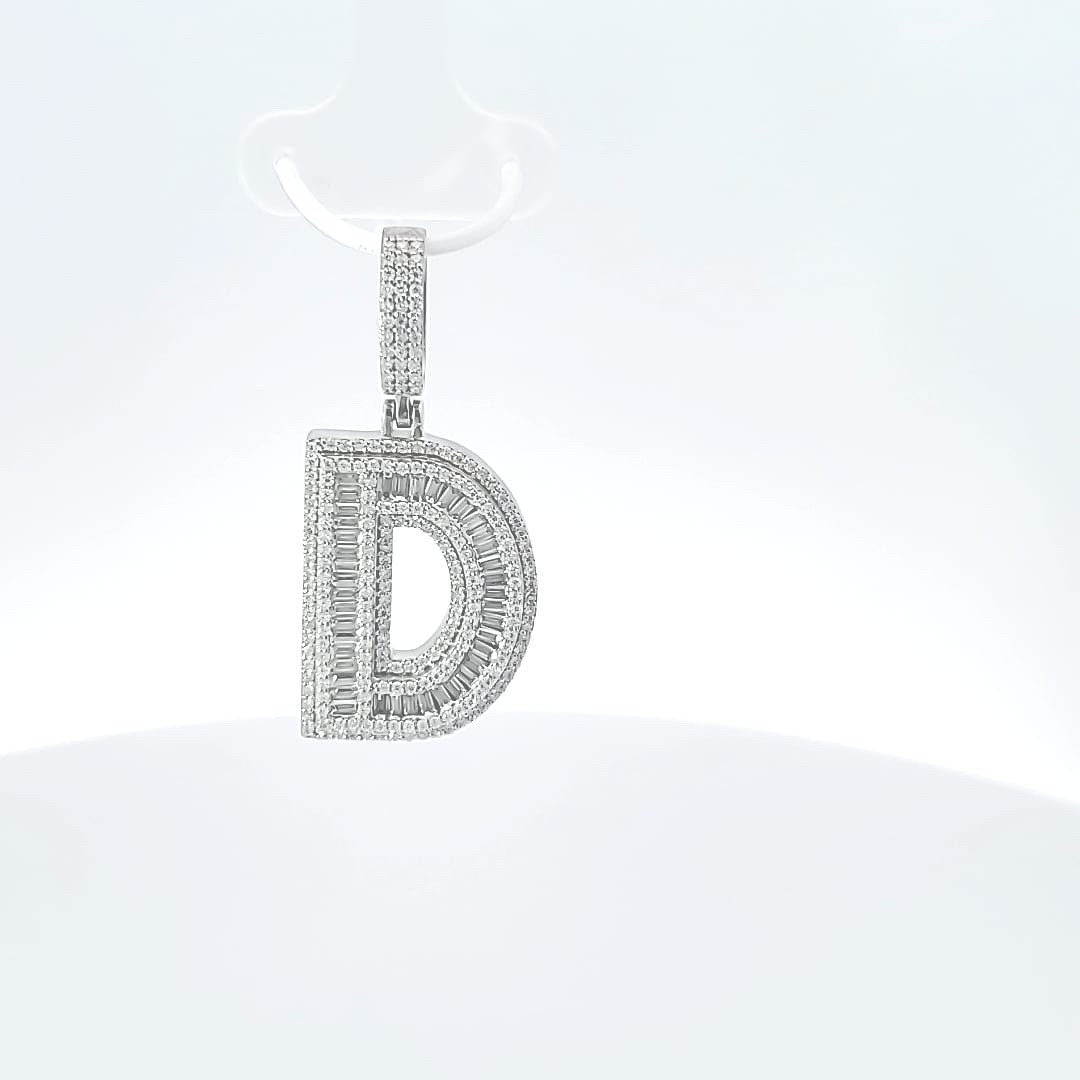 Sterling Silver Baguette Moissanite Diamond Letter Initial Pendant/ Hip Hop Moissanite Diamond Letter Pendant/ Moissanite “D Initial Pendant