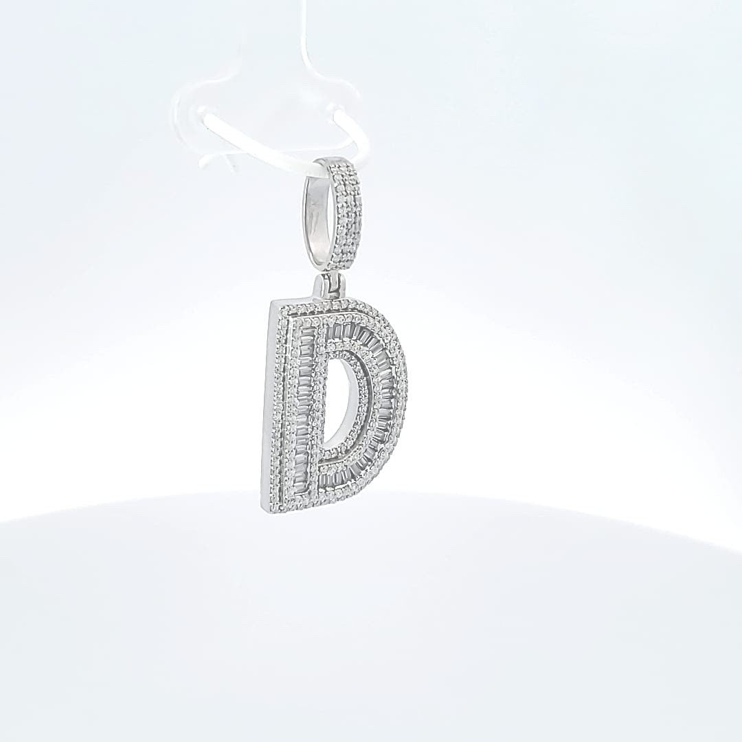 Sterling Silver Baguette Moissanite Diamond Letter Initial Pendant/ Hip Hop Moissanite Diamond Letter Pendant/ Moissanite “D Initial Pendant