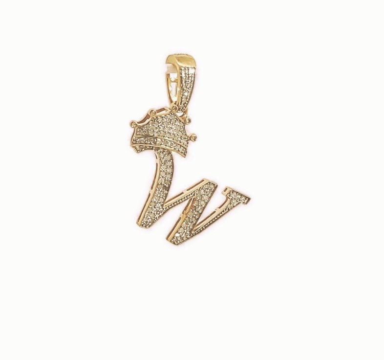 Natural gold and diamond initial pendant “W” Alphabet Pendant, Yellow Gold , Rose Gold ,King Crown Diamond Pendant,Hip Hop style 3D CROWN