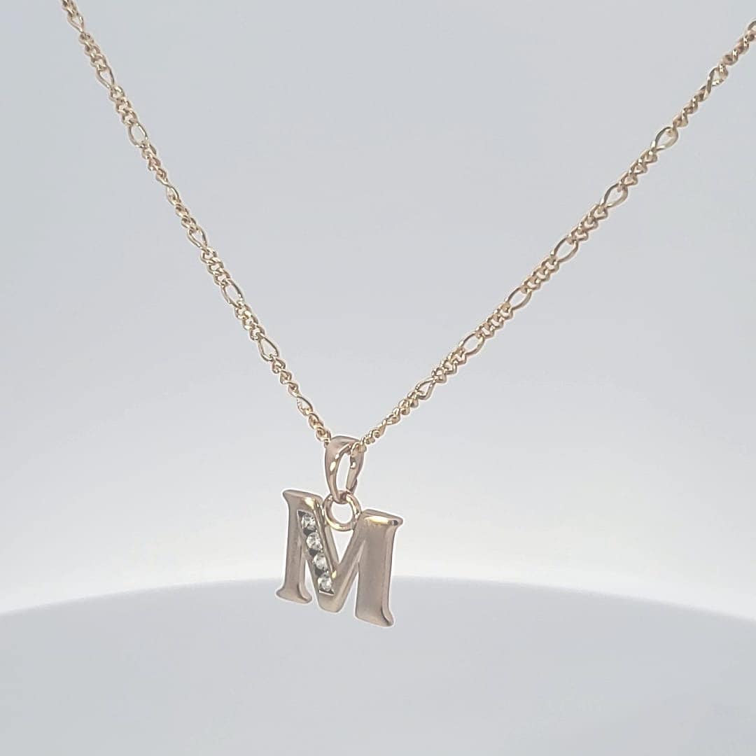 14K Yellow Gold filled Initials M Pendant/Necklace Women, Men Alphabetic Charm Fancy/Square Dainty Initials Letter Gift, Diamond Necklace