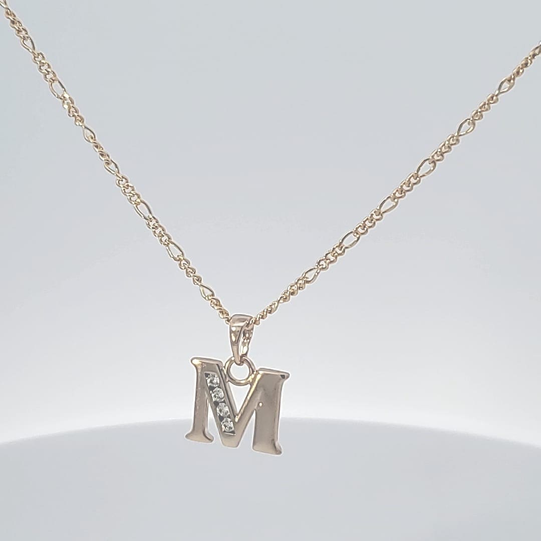 14K Yellow Gold filled Initials M Pendant/Necklace Women, Men Alphabetic Charm Fancy/Square Dainty Initials Letter Gift, Diamond Necklace