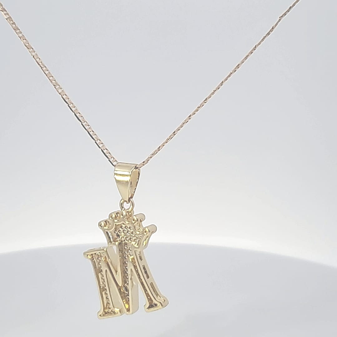 14K  Yellow Gold filled KingCrown Initials M  Pendant/Necklace  Women Men Alphabetic Charm Fancy/Square Dainty Initials Letter Gift