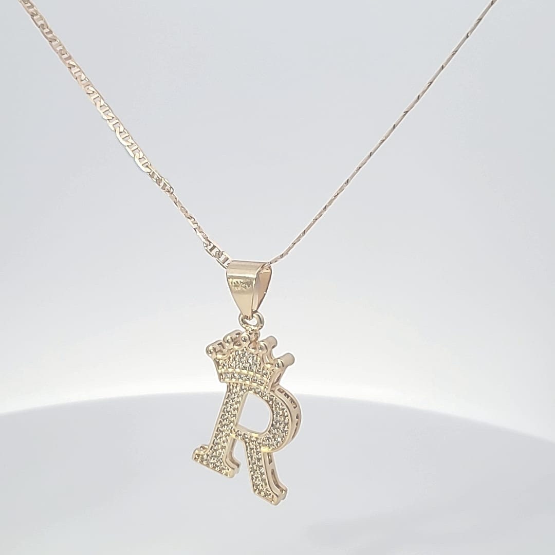 14K  Yellow Gold filled KingCrown Initials R Pendant/Necklace  Women Men Alphabetic Charm Fancy/Square Dainty Initials Letter Gift