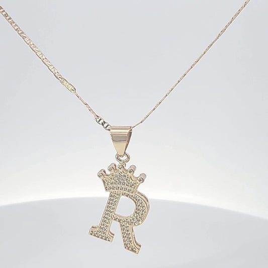 14K  Yellow Gold filled KingCrown Initials R Pendant/Necklace  Women Men Alphabetic Charm Fancy/Square Dainty Initials Letter Gift