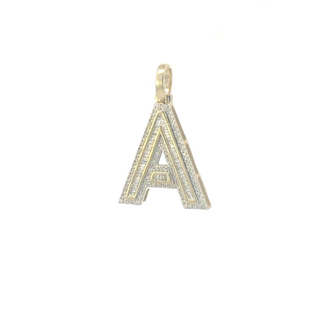 10K gold with  Baguettes Diamonds Pendant Initial Letter Alphabet Pendant,