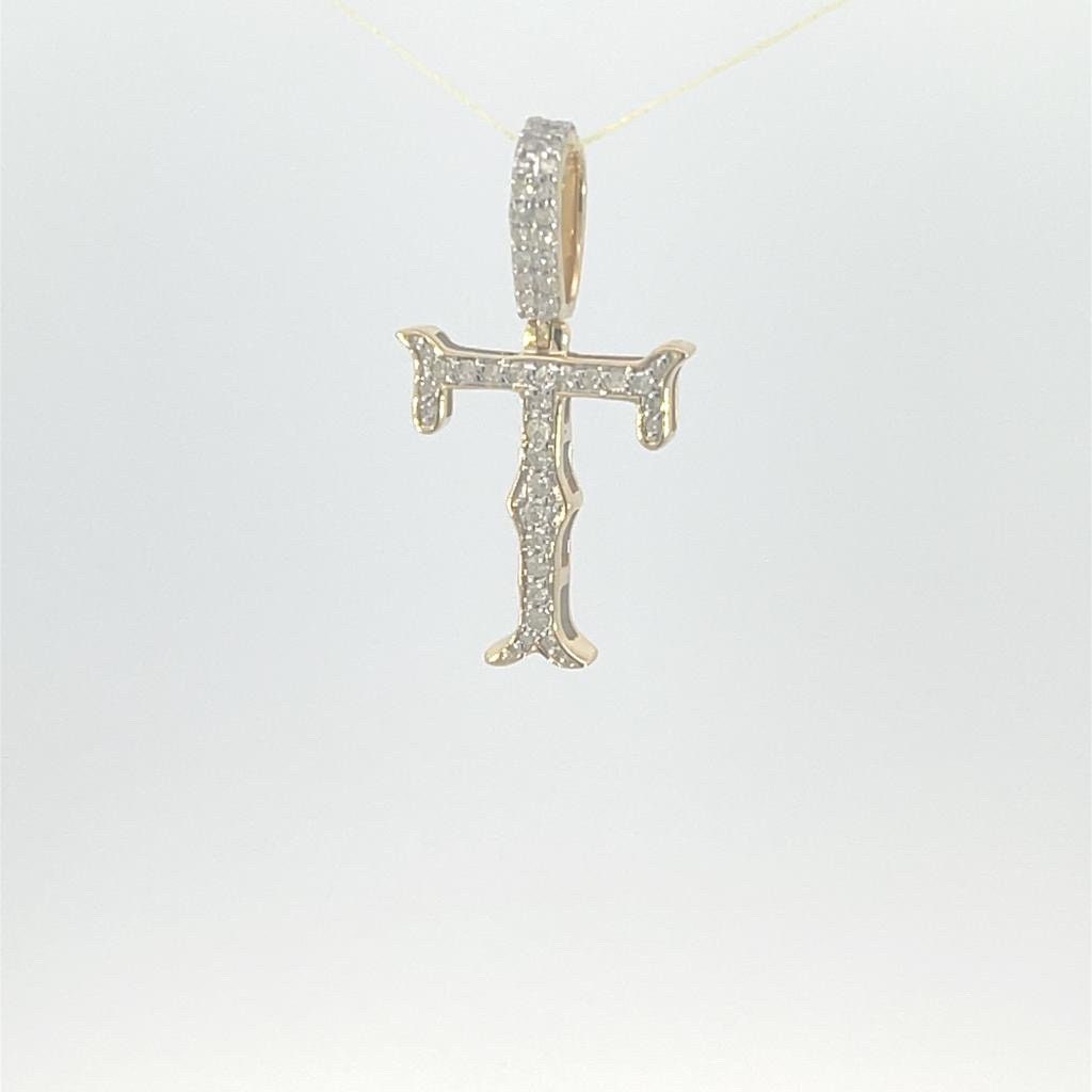 10K Gold With Natural Diamonds Initial T Pendant - 3D style