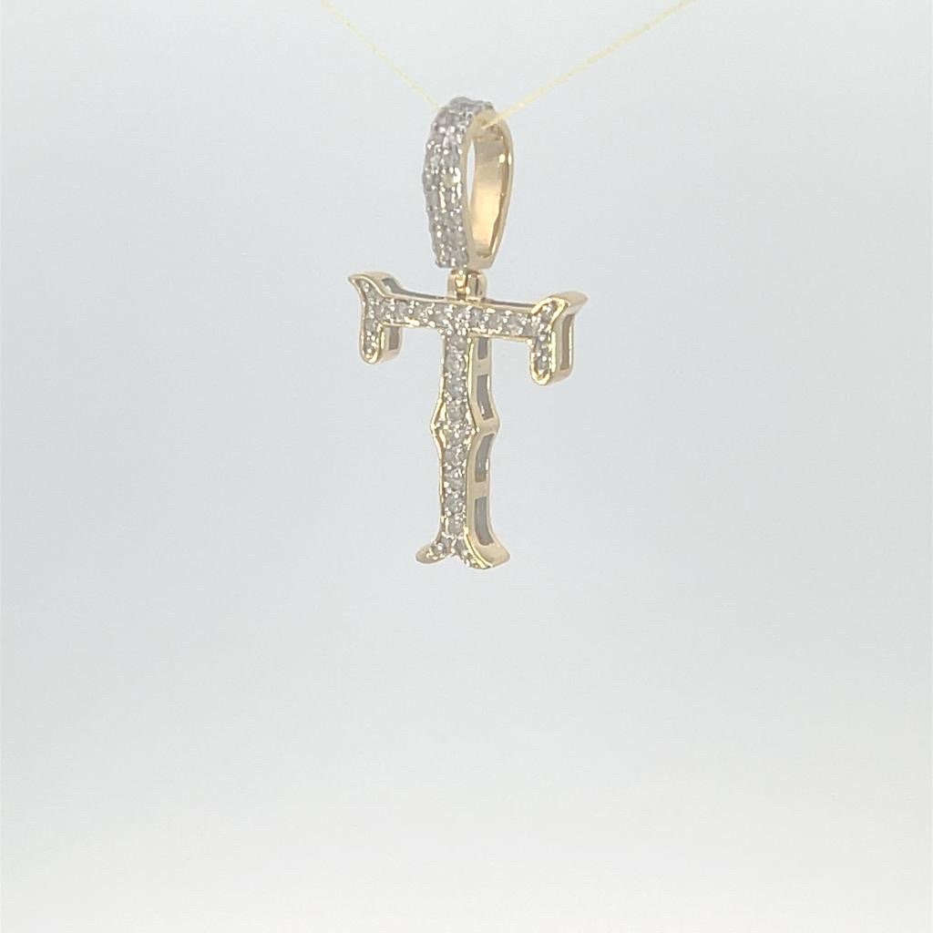 10K Gold With Natural Diamonds Initial T Pendant - 3D style