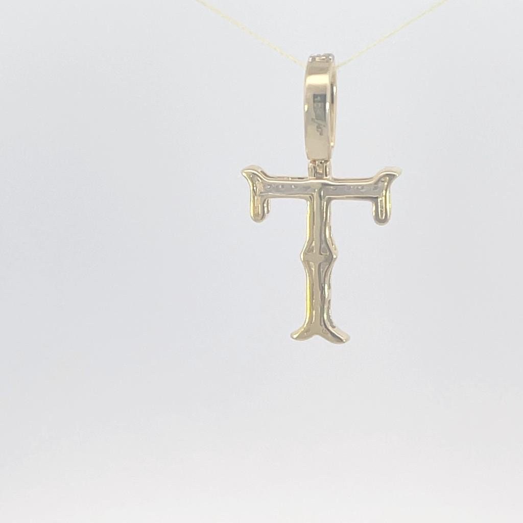 10K Gold With Natural Diamonds Initial T Pendant - 3D style