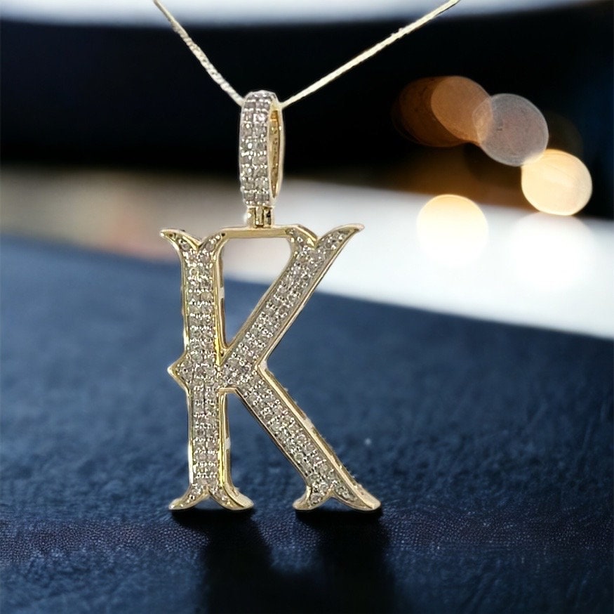 Natural Gold Initial Letter K Alphabet Pendant, Yellow Gold ,Diamond Pendant,Unisex Pendant,Hip Hop style - 3D style