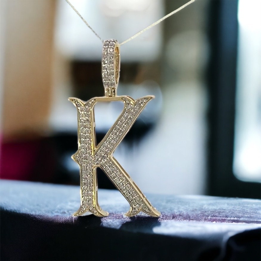 Natural Gold Initial Letter K Alphabet Pendant, Yellow Gold ,Diamond Pendant,Unisex Pendant,Hip Hop style - 3D style