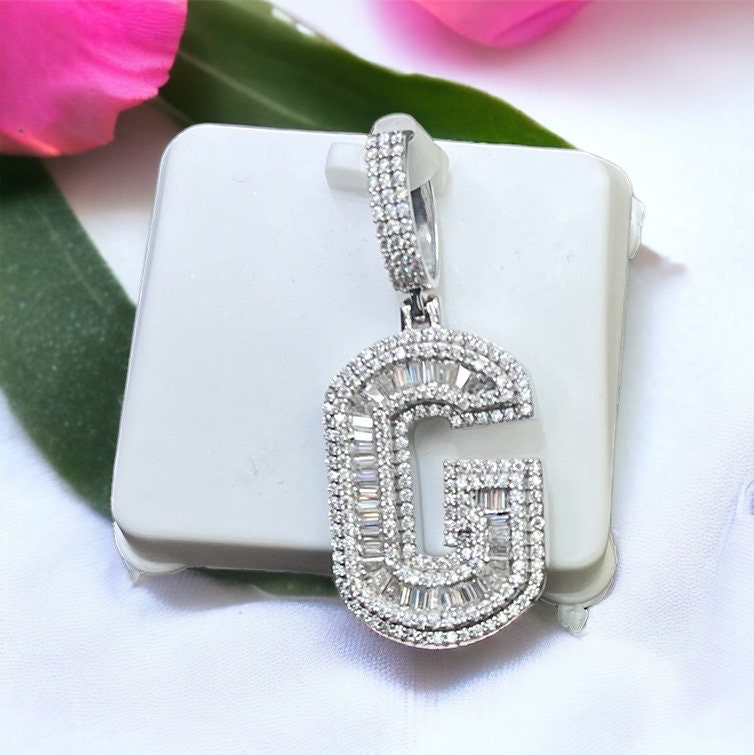 2.75TCW Baguette Cut Genuine VVS1/D Moissanite Diamond Customize Initial G Letter Pendant Men's Hip Hop Jewelry Pure 925 Sterling Solid Silv