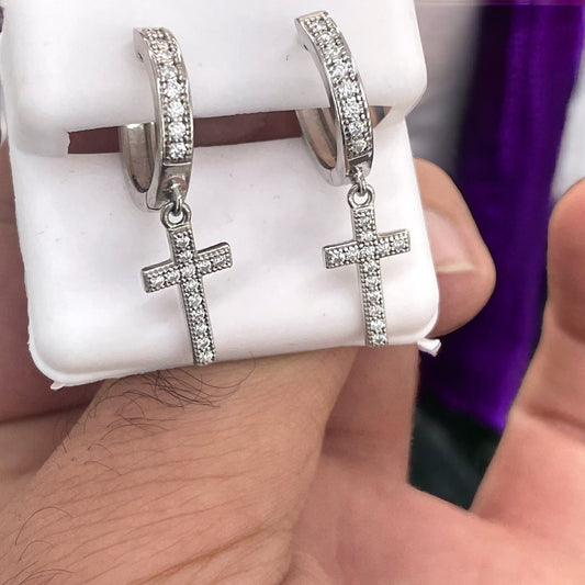 Female Hoop cross earrings - silver Moissanite