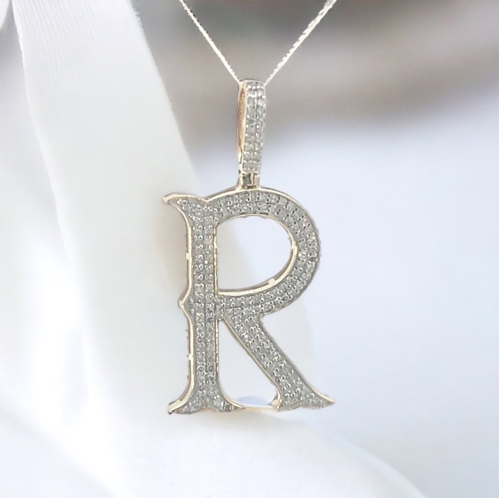 Natural Gold Initial Letter R Alphabet Pendant, Yellow Gold ,Diamond Pendant,Unisex Pendant,Hip Hop style - 3D style