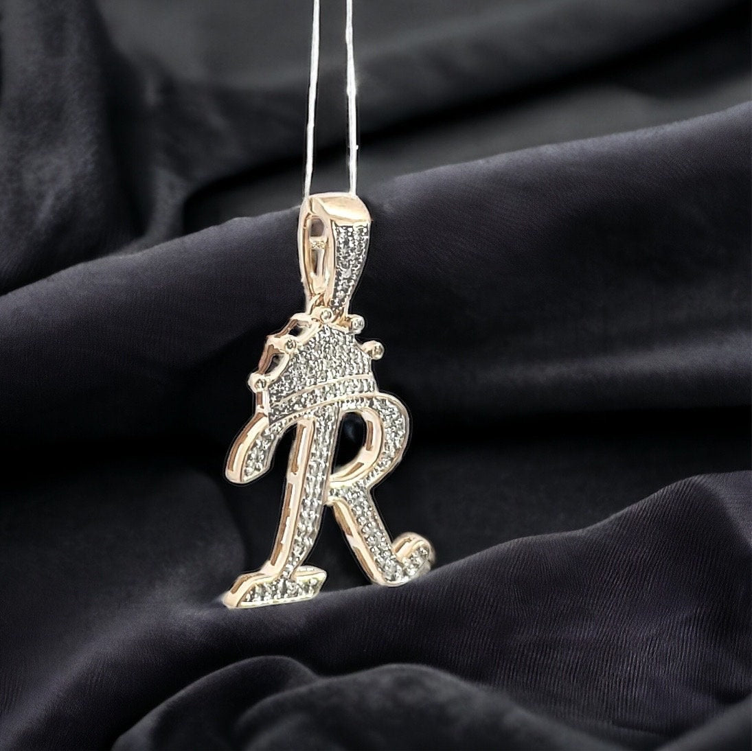 Natural gold and diamond initial pendant “R” Alphabet Pendant, Yellow Gold , Rose Gold ,King Crown Diamond Pendant,Hip Hop style 3D CROWN