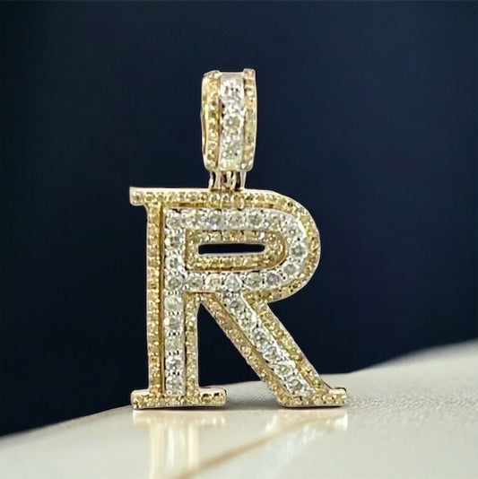 Natural Gold Pendant Initial Letter “R”Alphabet Pendant, Yellow Gold Diamond Pendant,Unisex Pendant,Hip Hop style -