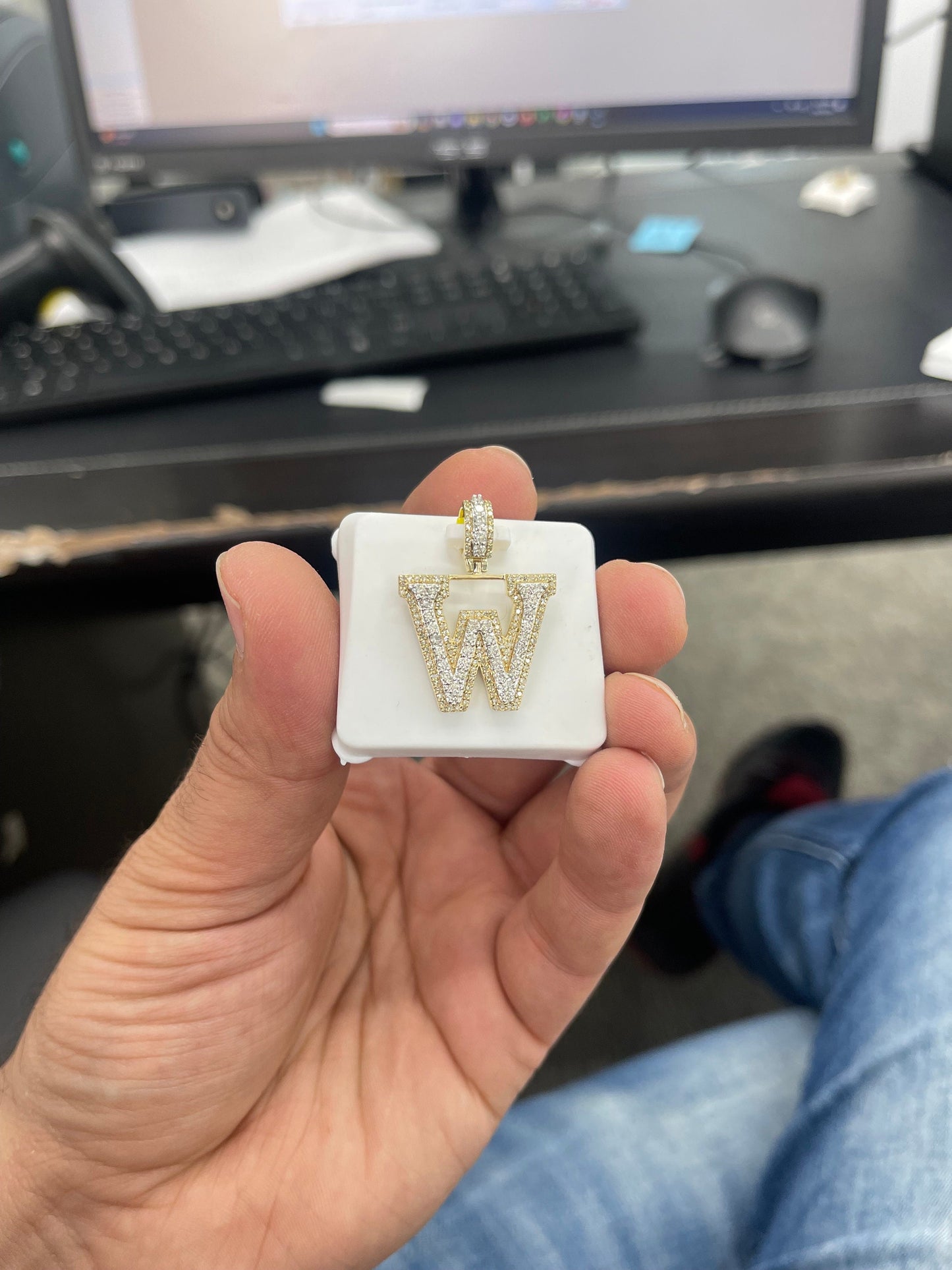 Natural Gold Pendant Initial Letter “W”Alphabet Pendant, Yellow Gold Diamond Pendant,Unisex Pendant,Hip Hop style -