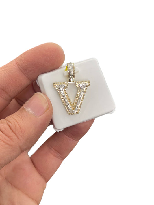 Natural Gold Pendant Initial Letter “V”Alphabet Pendant, Yellow Gold Diamond Pendant,Unisex Pendant,Hip Hop style -