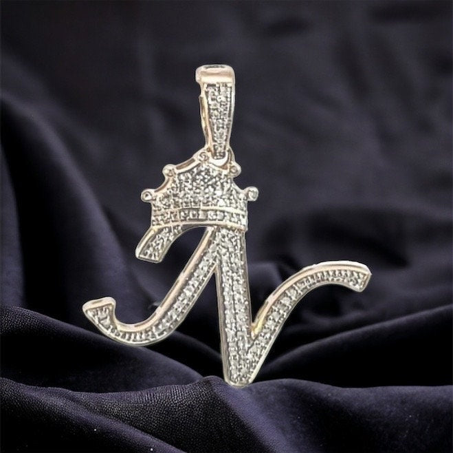 10K Gold With Natural Diamonds Initial N Alphabet Pendant.