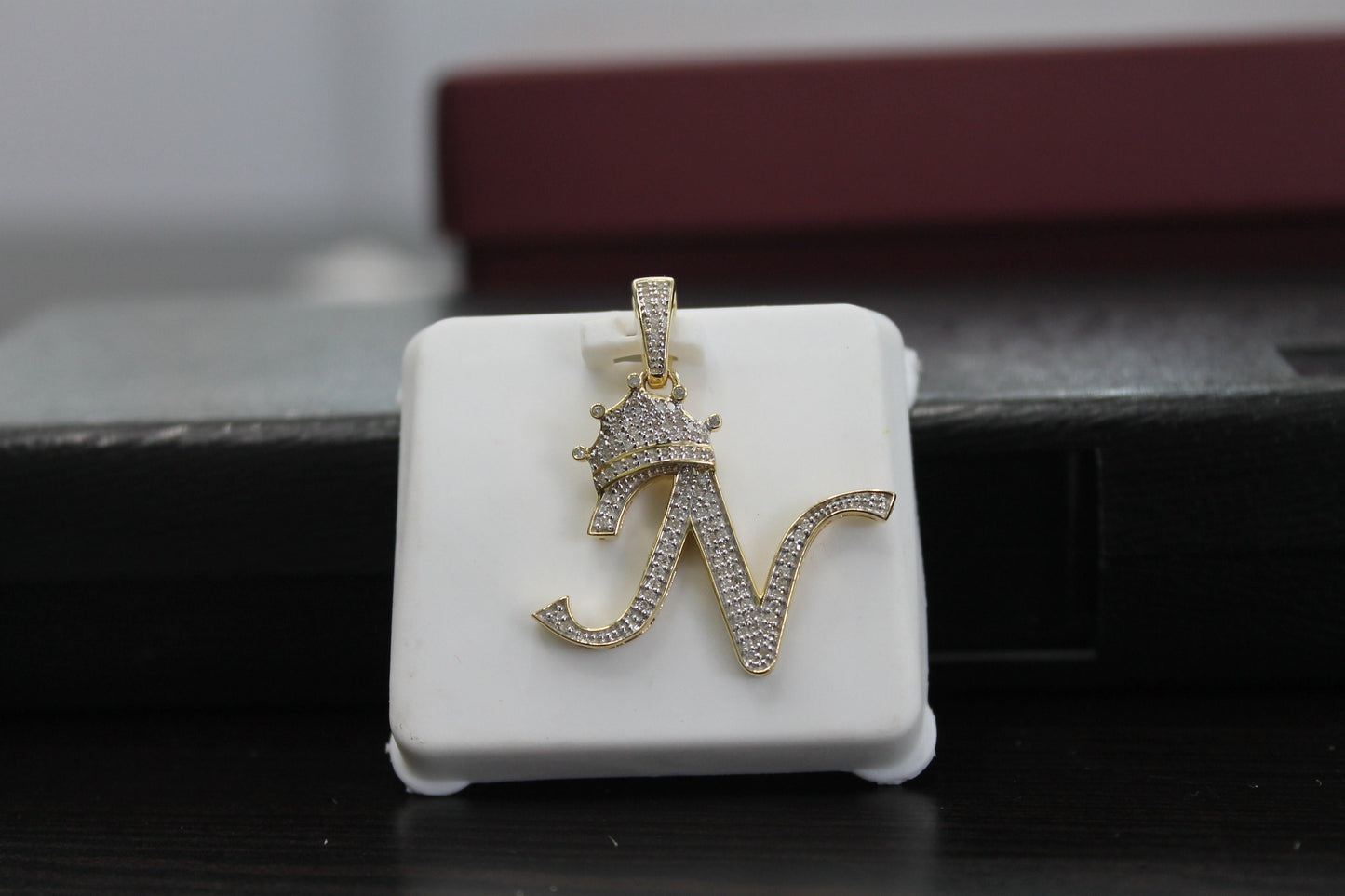 10K Gold With Natural Diamonds Initial N Alphabet Pendant.