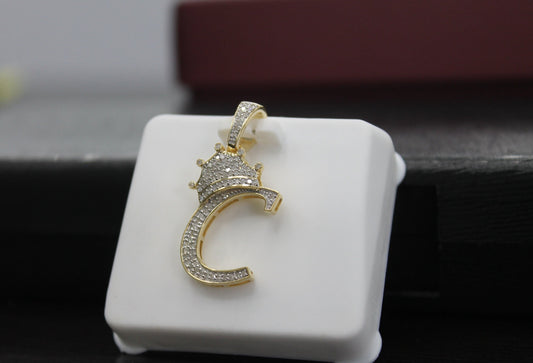 Natural gold and diamond initial pendant “C” Alphabet Pendant, Yellow Gold , Rose Gold ,King Crown Diamond Pendant,Hip Hop style 3D CROWN