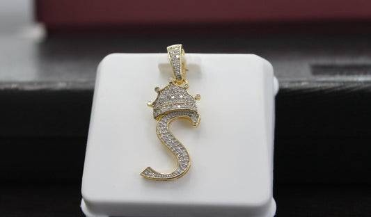 Real 10k Gold Genuine Diamond Crown 3D Initial letter Alphabet S Pendant - Minimalist