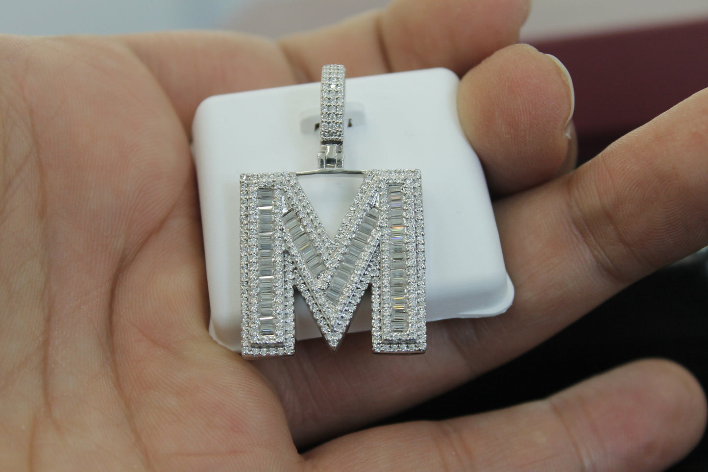 Sterling Silver Baguette Moissanite Diamond Letter Initial Pendant/ Hip Hop Moissanite Diamond Letter Pendant/ Moissanite “M Initial Pendant