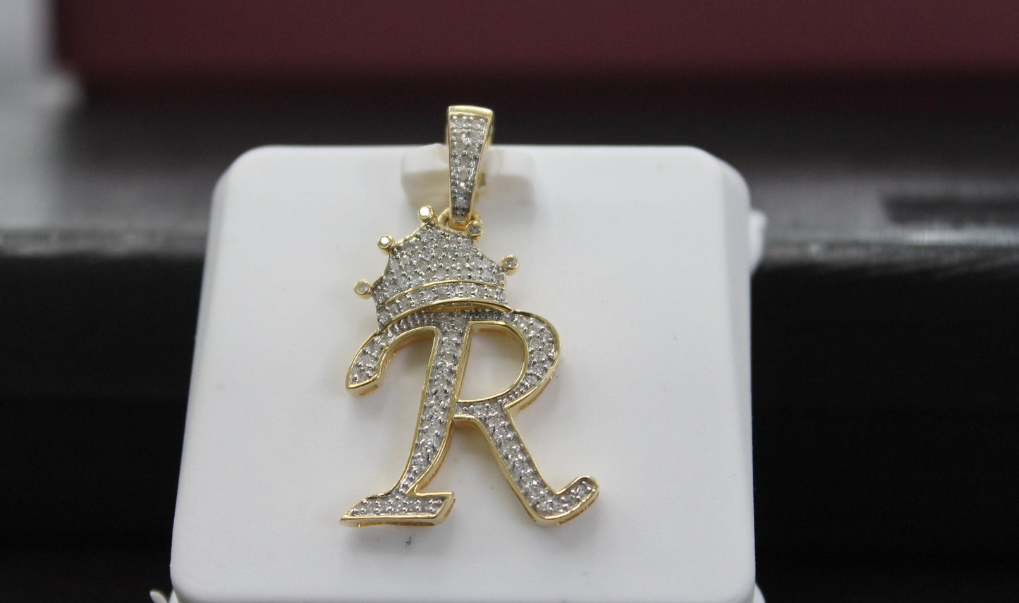 Natural gold and diamond initial pendant “R” Alphabet Pendant, Yellow Gold , Rose Gold ,King Crown Diamond Pendant,Hip Hop style 3D CROWN