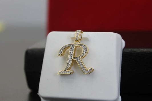 Natural Gold Initial Letter “R”Alphabet Pendant, Yellow Gold ,King Crown Diamond Pendant,Unisex Pendant,Hip Hop style - 3D style minimalist