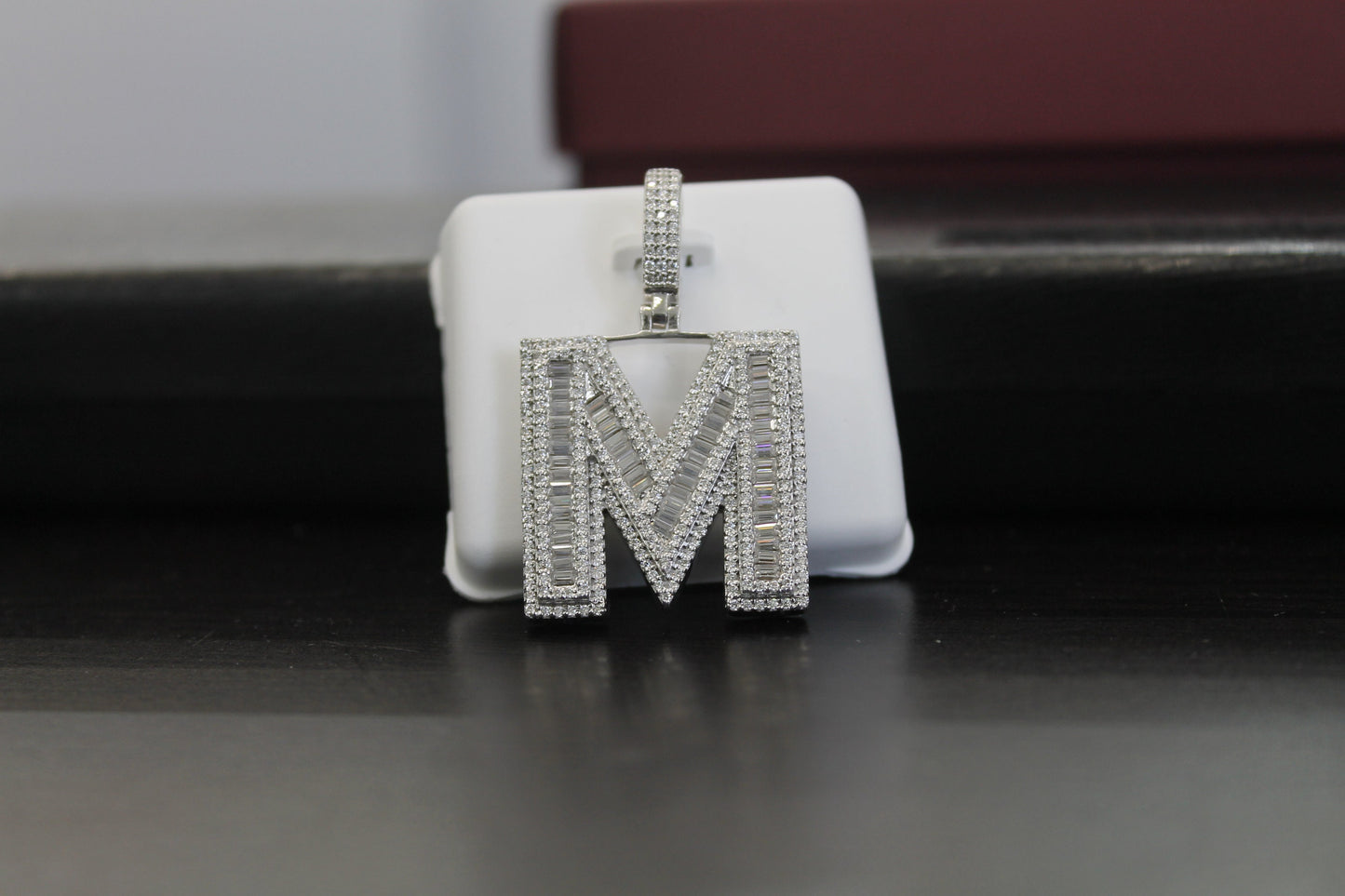 Sterling Silver Baguette Moissanite Diamond Letter Initial Pendant/ Hip Hop Moissanite Diamond Letter Pendant/ Moissanite “M Initial Pendant