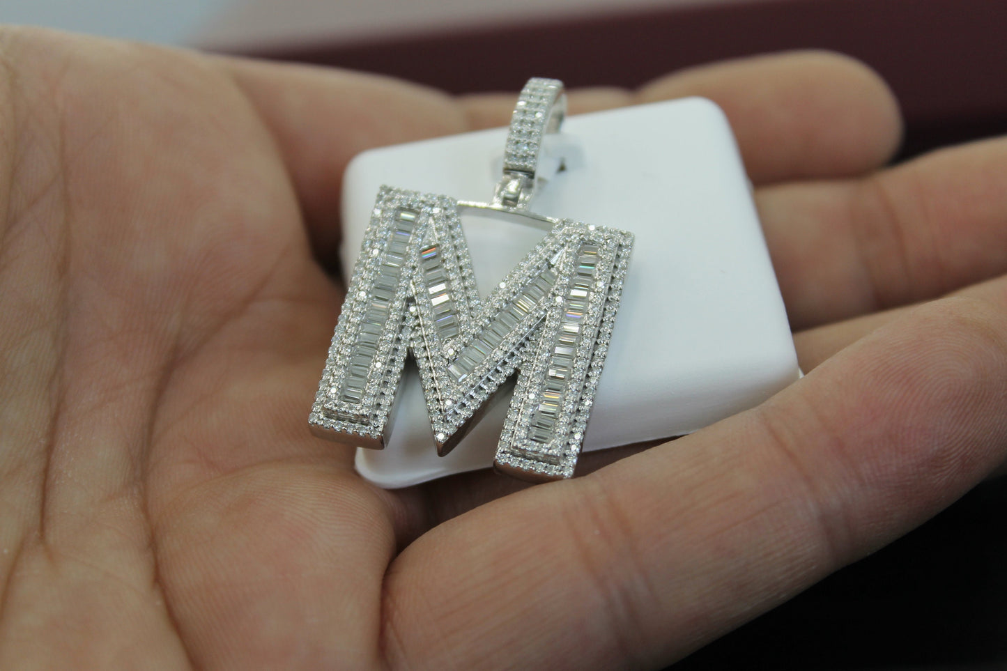 Sterling Silver Baguette Moissanite Diamond Letter Initial Pendant/ Hip Hop Moissanite Diamond Letter Pendant/ Moissanite “M Initial Pendant