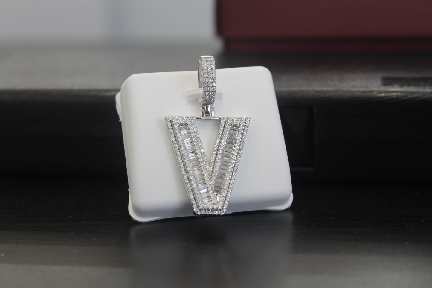 Sterling Silver Baguette Moissanite Diamond Letter initial pendant. Alphabet V pendant