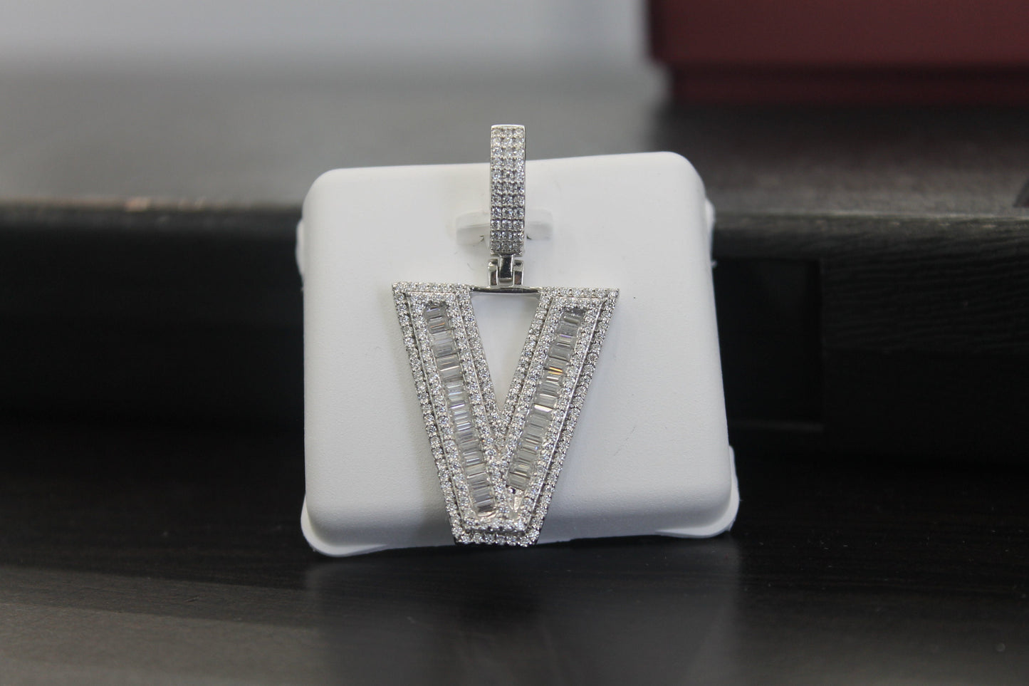 Sterling Silver Baguette Moissanite Diamond Letter initial pendant. Alphabet V pendant