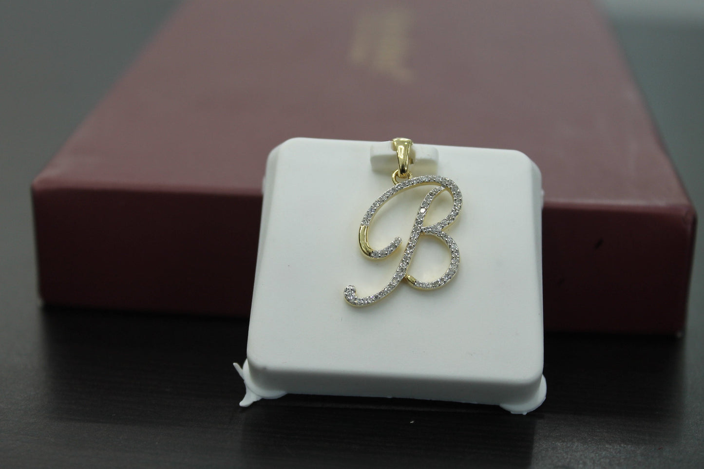 10K Gold With Natural Diamonds Initial Pendant B-Cursive Minimalist Pendant