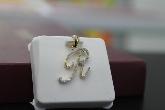 Real Diamond Gold Initial Charm Yellow 10karat Pendant Letter Alphabet Solid A-Z Real initial R curisve pendant