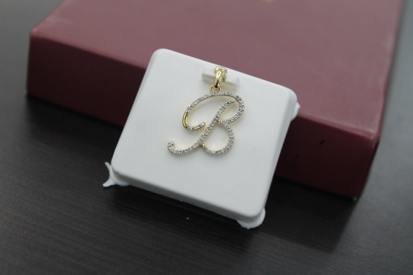 10K Gold With Natural Diamonds Initial Pendant B-Cursive Minimalist Pendant